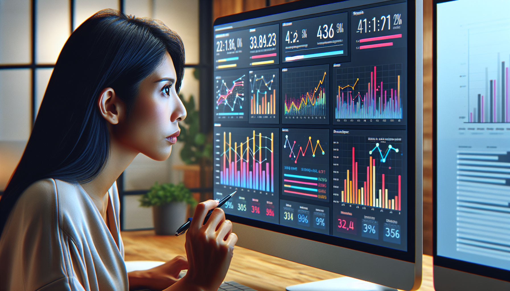 A small business owner is on a computer analyzing social media metrics in engagement, reach, and conversions to improve social media presence.